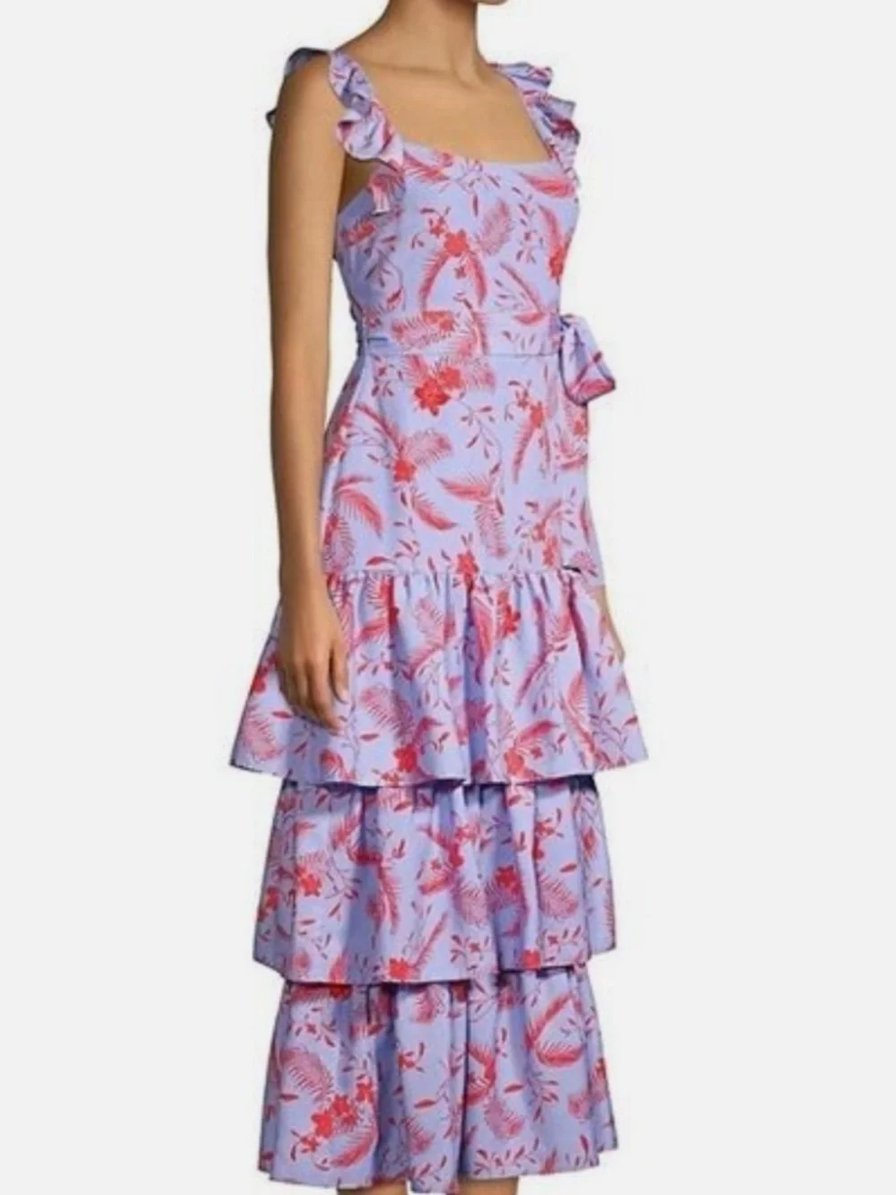 Likely Juno Lavender Tiered Ruffled Midi Dress w Bright Red Floral Design - Picture 9 of 10
